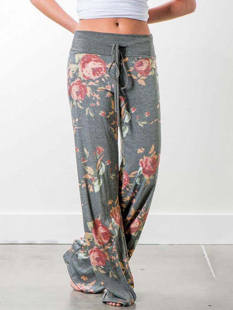 

Vintage Floral Drawstring Wide Leg Casual Pants, Blue