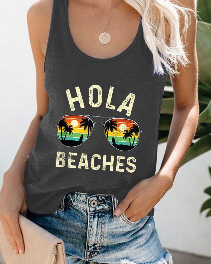 

Coconut Tree Sunglasses Landscape Letter Print Graphic Tee Summer Beach Vest Tank Top, Dark grey