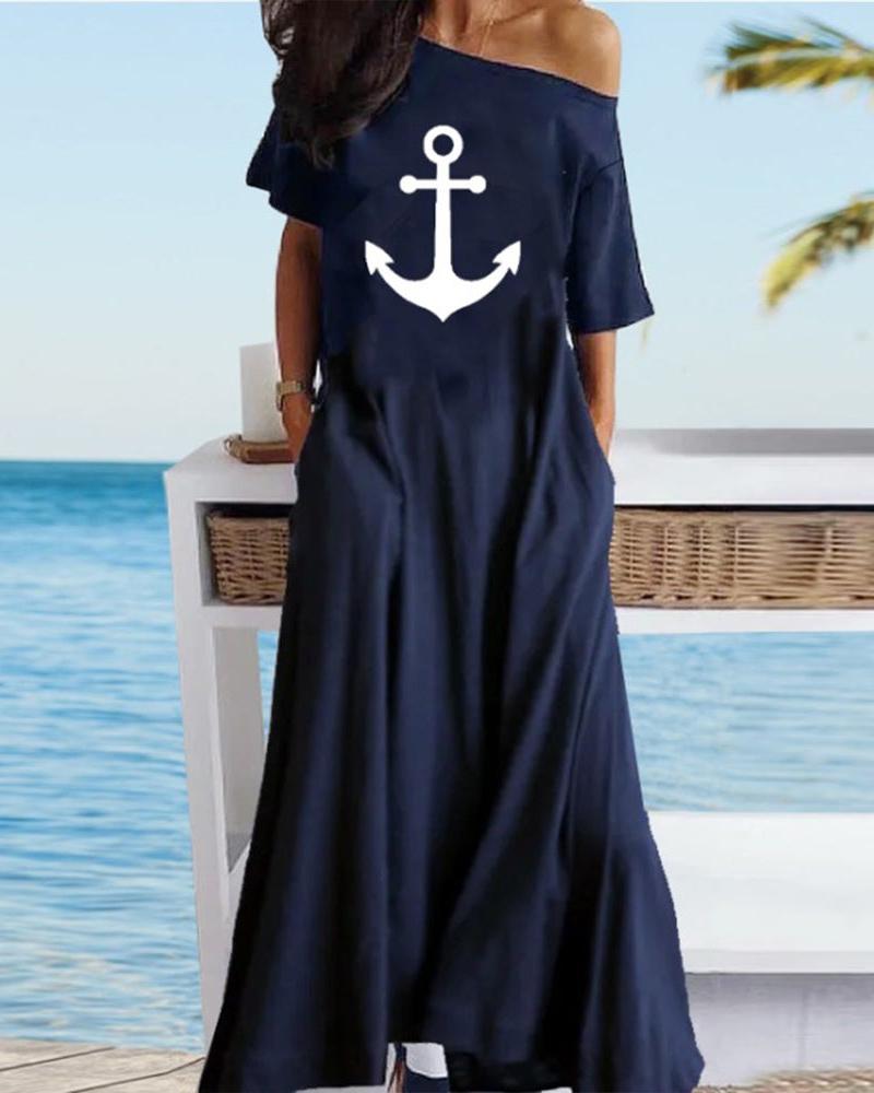 

Anchor Print One Shoulder Swing Dress, Purplish blue