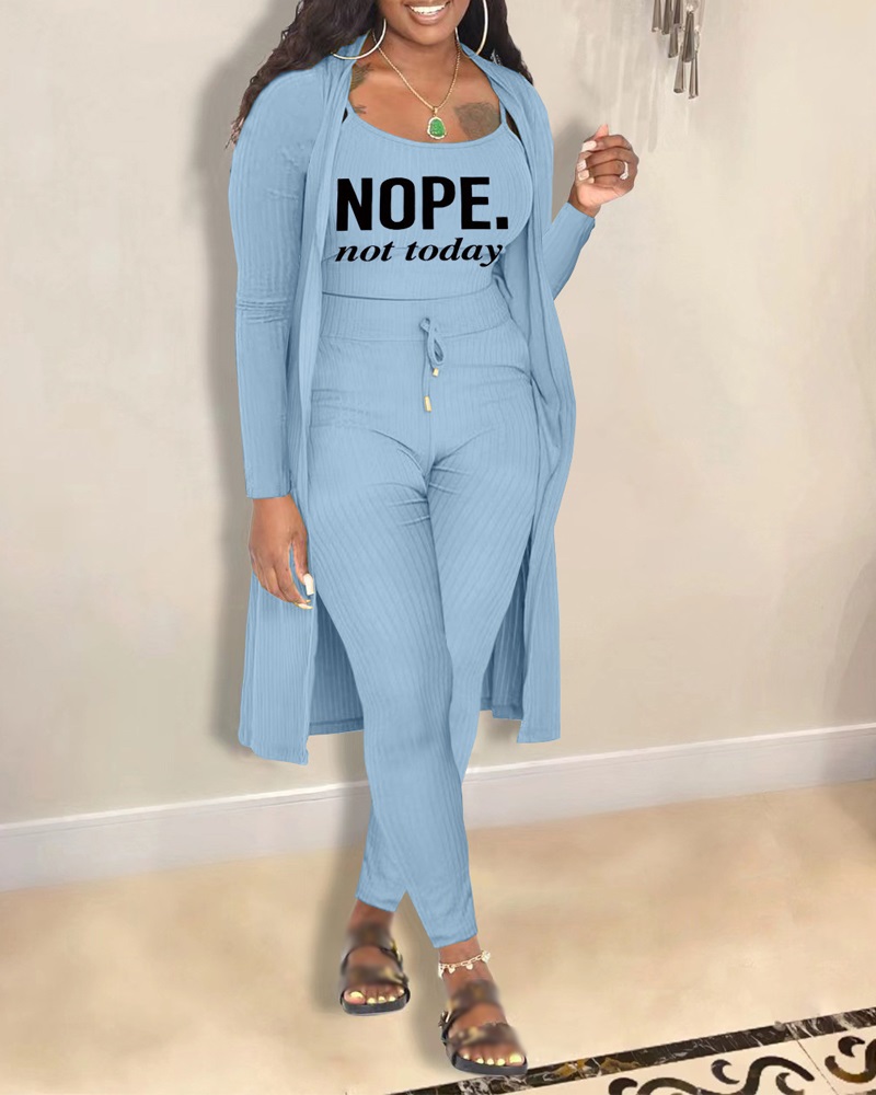 

3PCS Letter Print Ribbed Cami Top & Pants Set With Coat, Blue