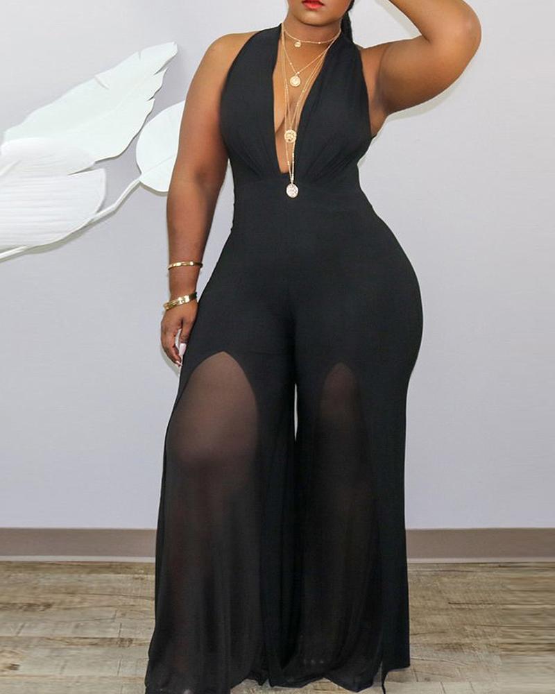 

Plus Size Sleeveless Sheer Mesh Plunge Jumpsuit, Black