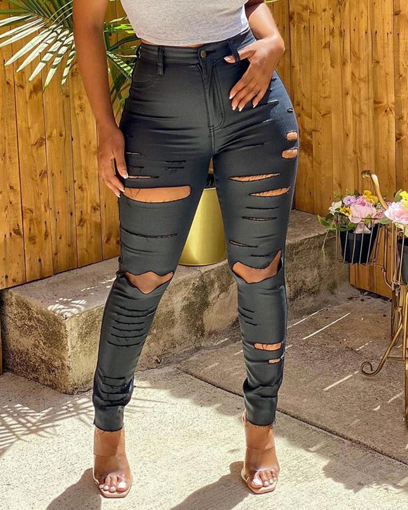 

Buttoned Cut Out Ripped Pants, Black