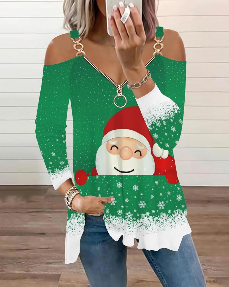 

Christmas Santa Snowflake Print Zipper Design Top, Green