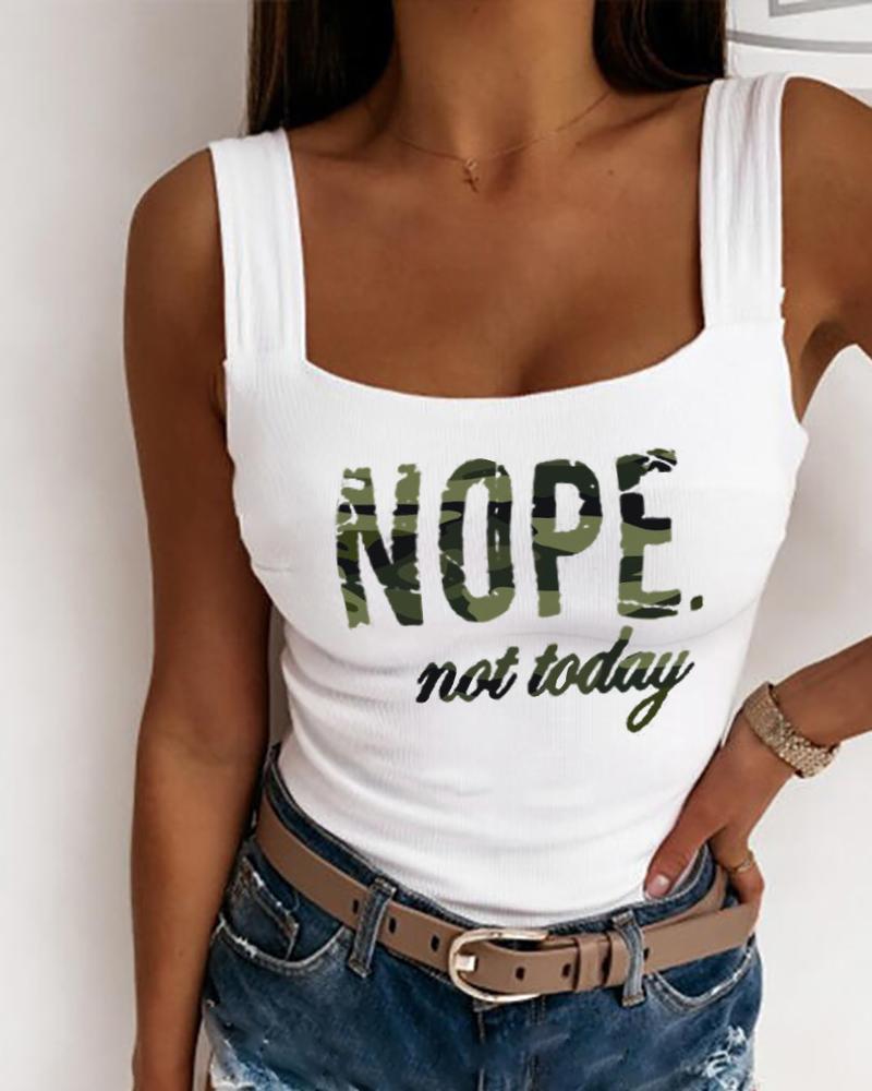 

Camo Letter Print Ribbed Tank Top, White
