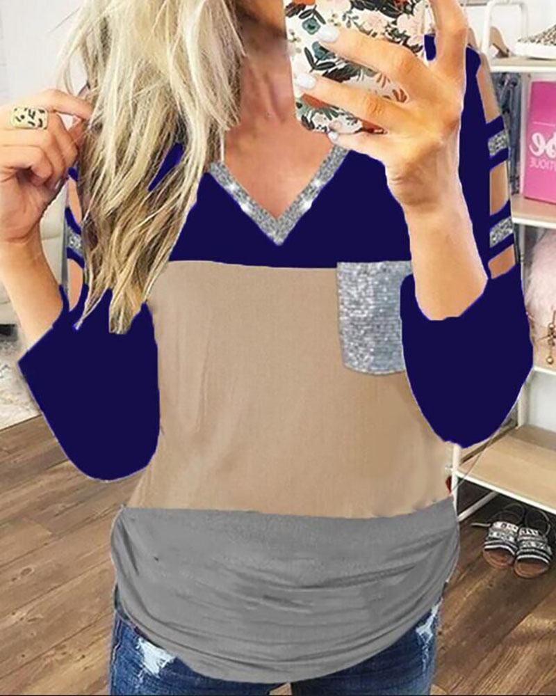 

Sequins Colorblock Long Sleeve Top, Blue