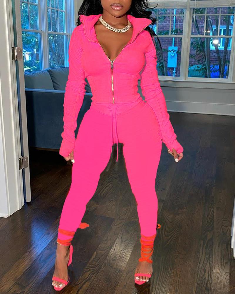 

Long Sleeve Zip Up Top & Drawstring Pants Set, Pink