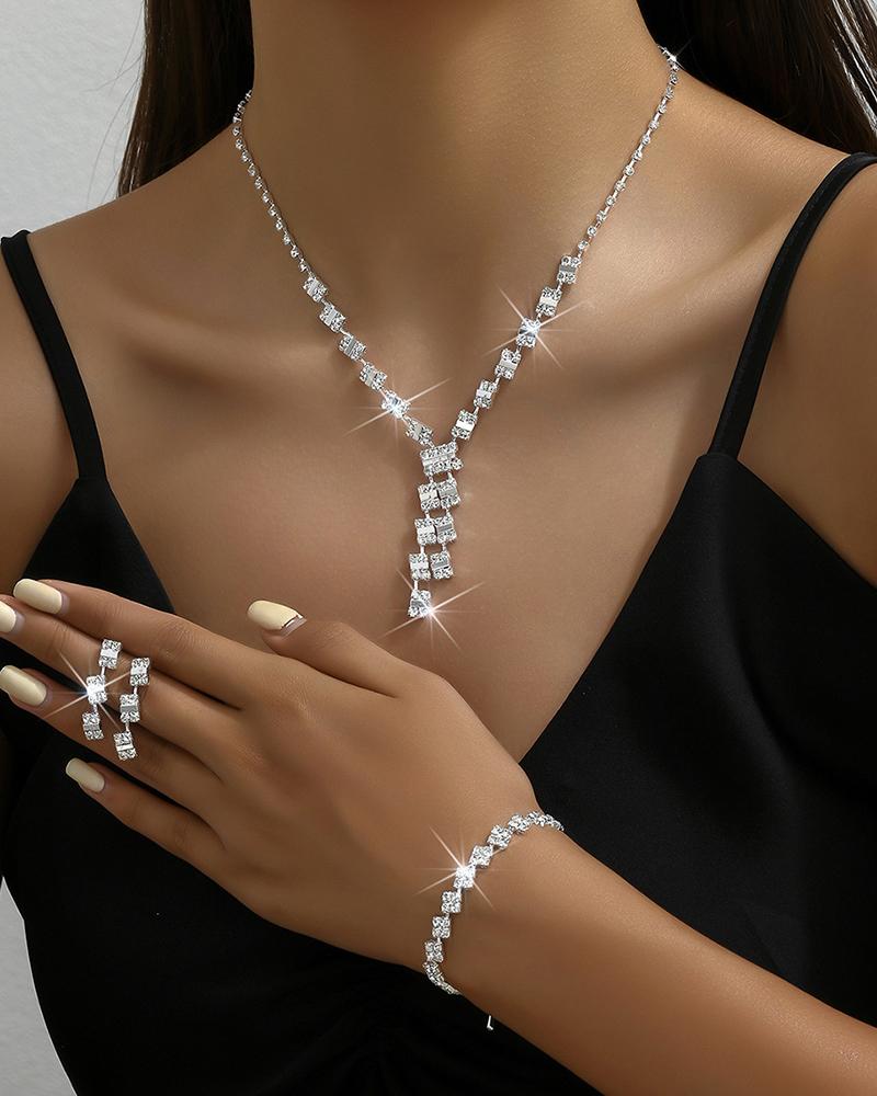 

3PCS Geometric Pattern Tassel Design Rhinestone Necklace & Drop Earrings & Bracelet Wedding Jewelry Set, Silver