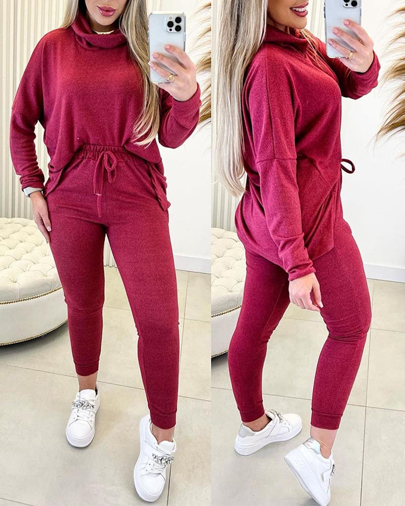 

Turtleneck Long Sleeve Top & Drawstring Pants Set, Red