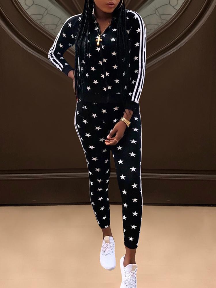 

Star Pattern Side Stripes Long Sleeve Tracksuit, Black