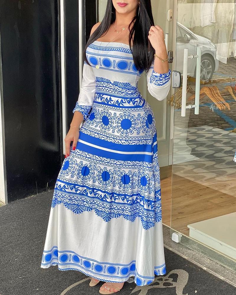 

Off Shoulder Tribal Print Maxi Dress, Blue