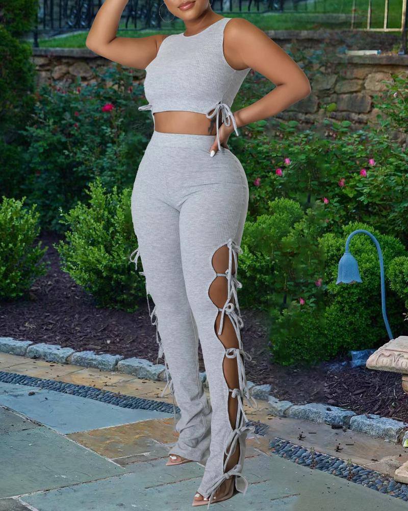 

Ribbed Tied Detail Crop Top & Cutout Pants Set, Gray