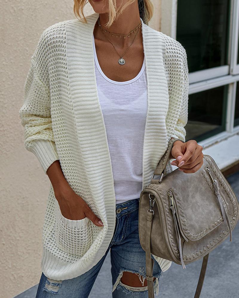 

Solid Pocket Design Long Sleeve Knit Cardigan, White