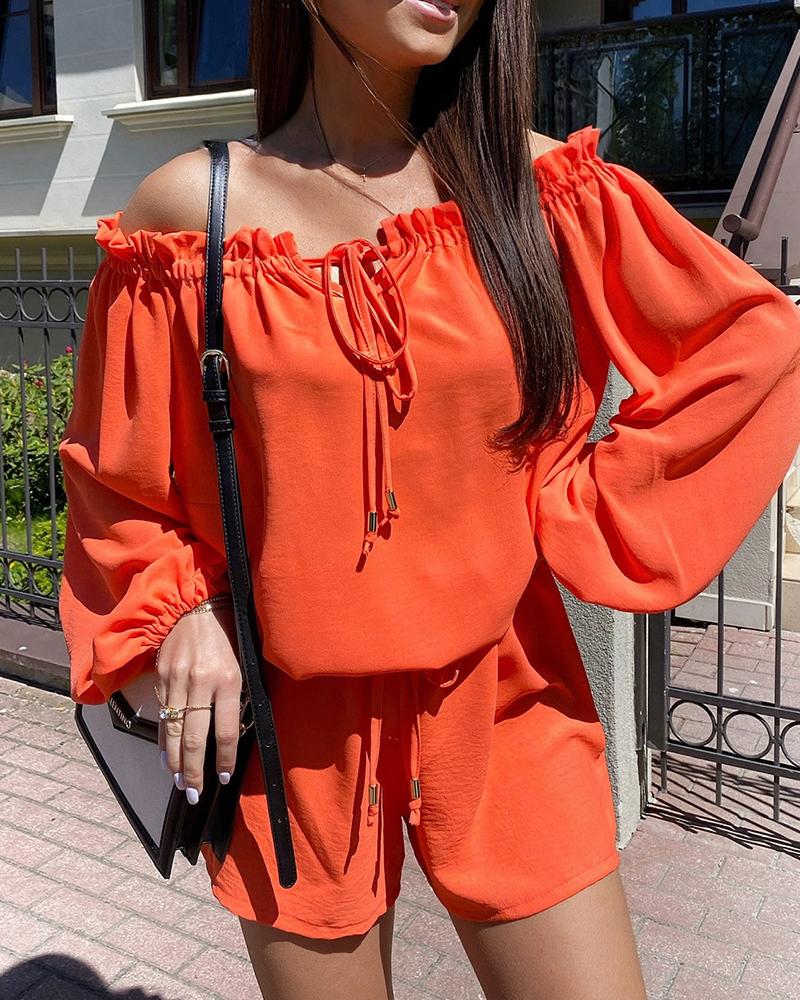 

Off Shoulder Frill Hem Lantern Sleeve Top & Shorts Set, Orange