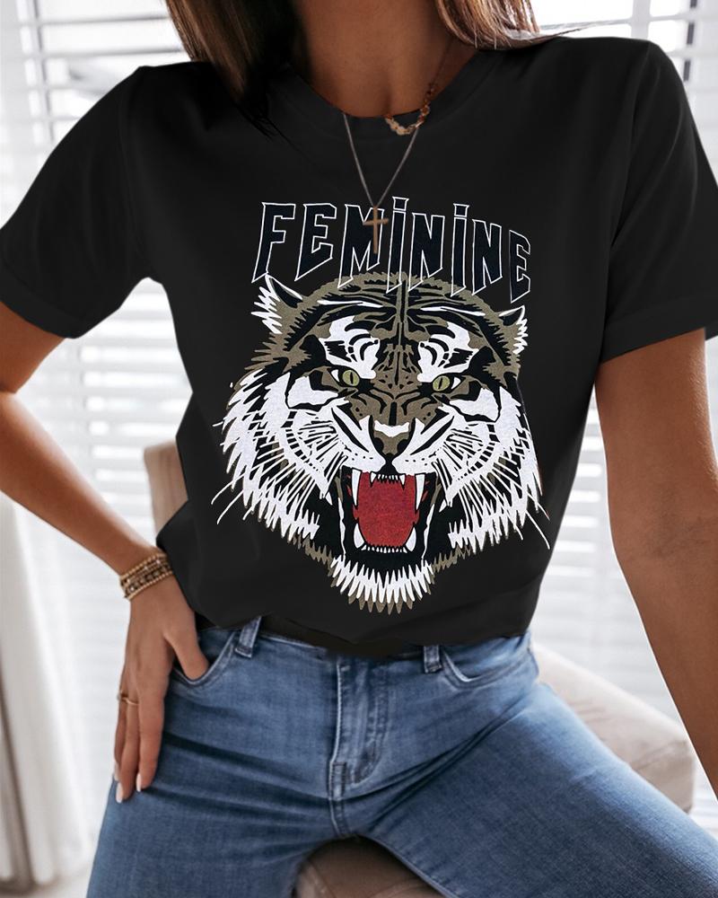 

Tiger Letter Print Casual T-shirt, Black