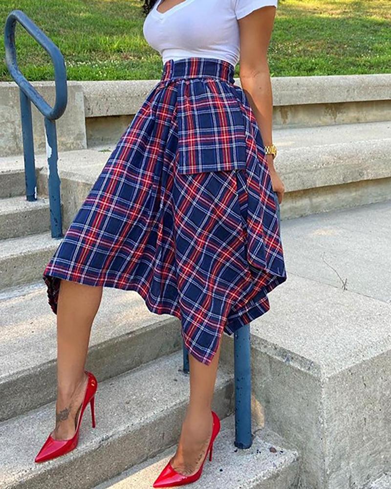 

High Waist Ruffle Hem Plaid Asymmetrical Skirt, Dark blue