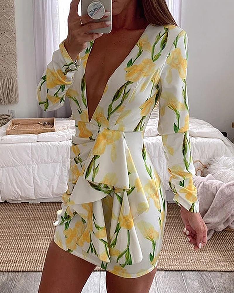 

Floral Print Long Sleeve Skinny Mini Dress, Green