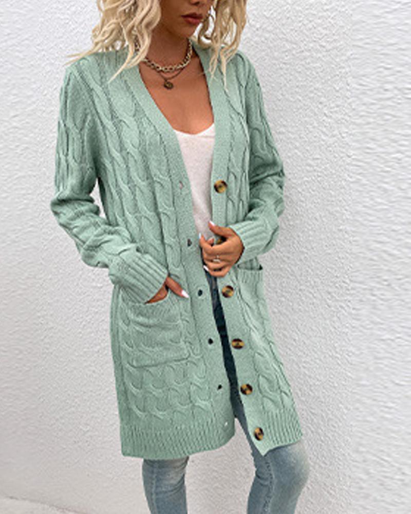 

Long Sleeve Button Up Cable Knit Cardigan, Green