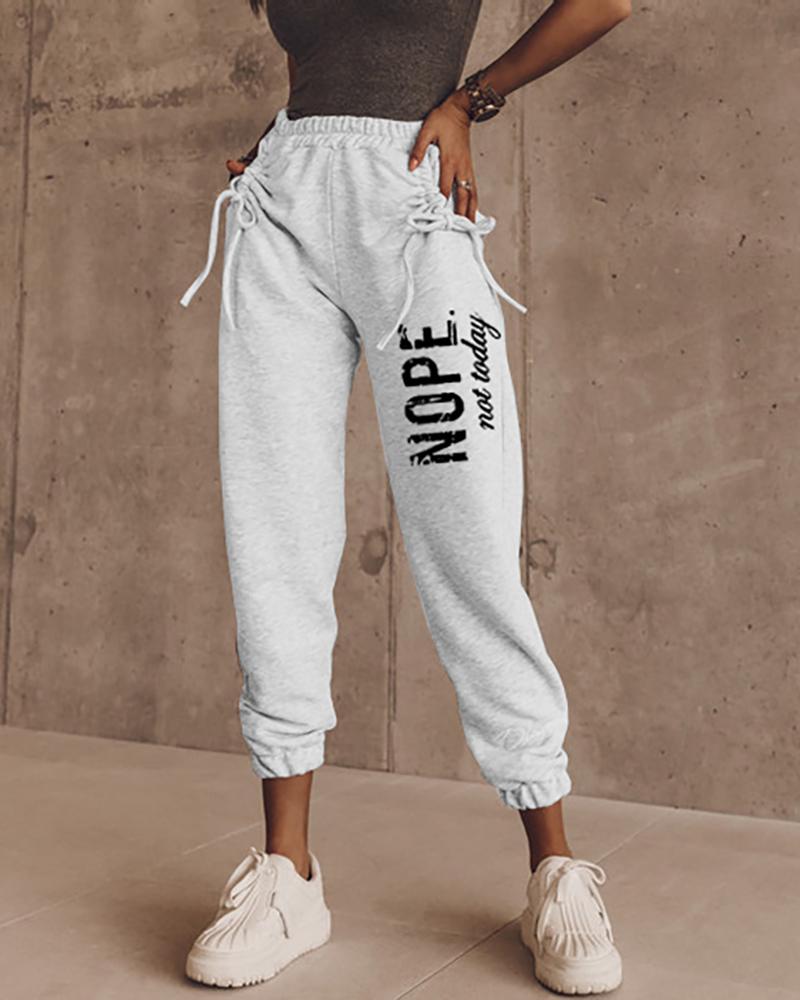 

Letter Print Drawstring Ruched Casual Pants, Light gray