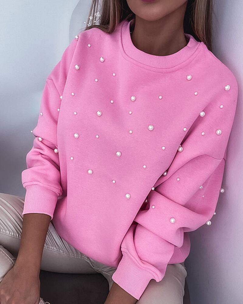 

O-neck Long Sleeve Beaded Top, Pink