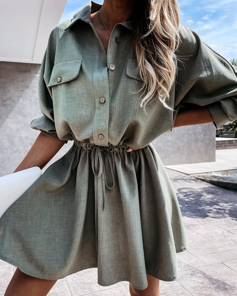 

Buttoned Pocket Design Drawstring Shirt Dress, Green