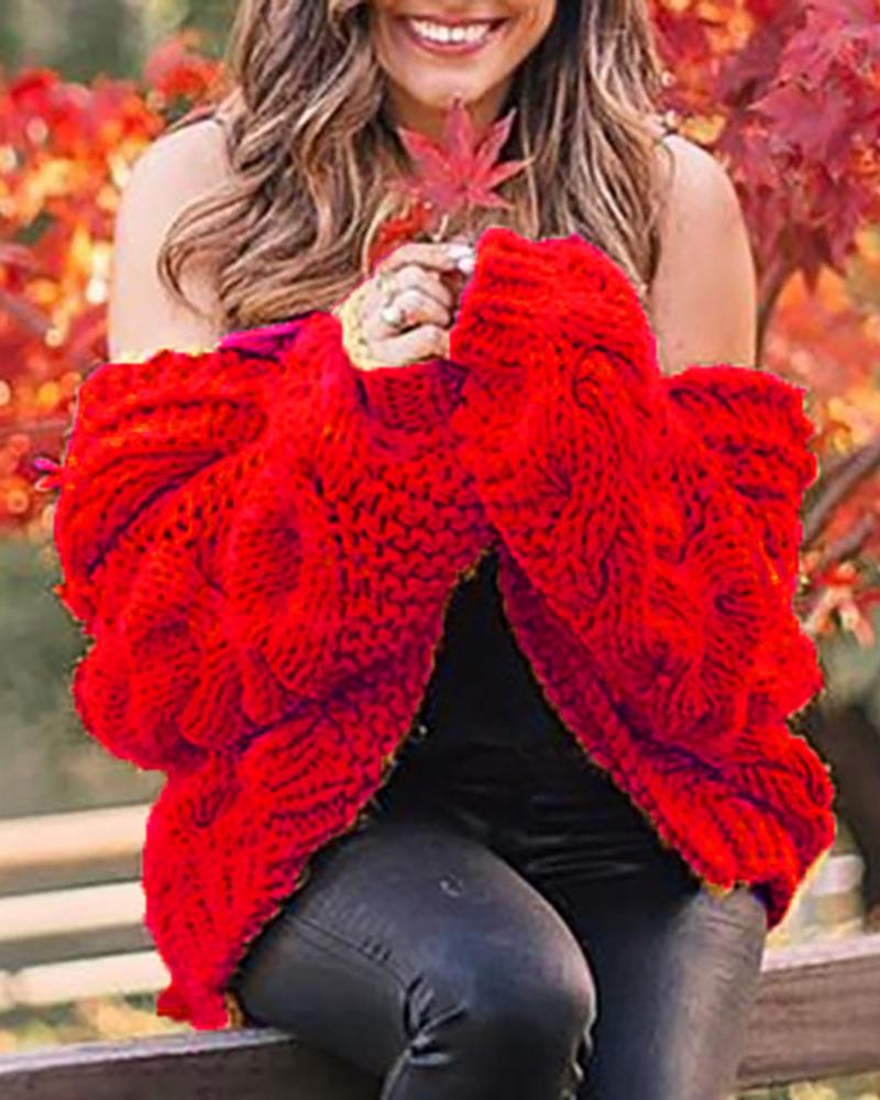 

Braided Knit Long Sleeve Hooded Cardigan, Red