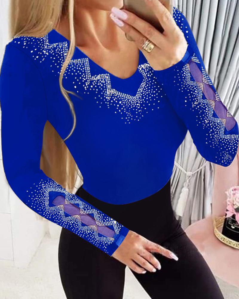 

Rhinestone Geometric Pattern Hollow Out Top, Blue