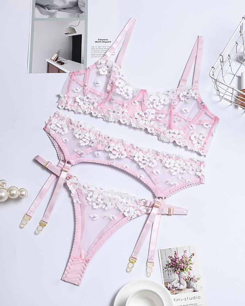 

Floral Pattern Sheer Mesh Garter Lingerie Set, Pink