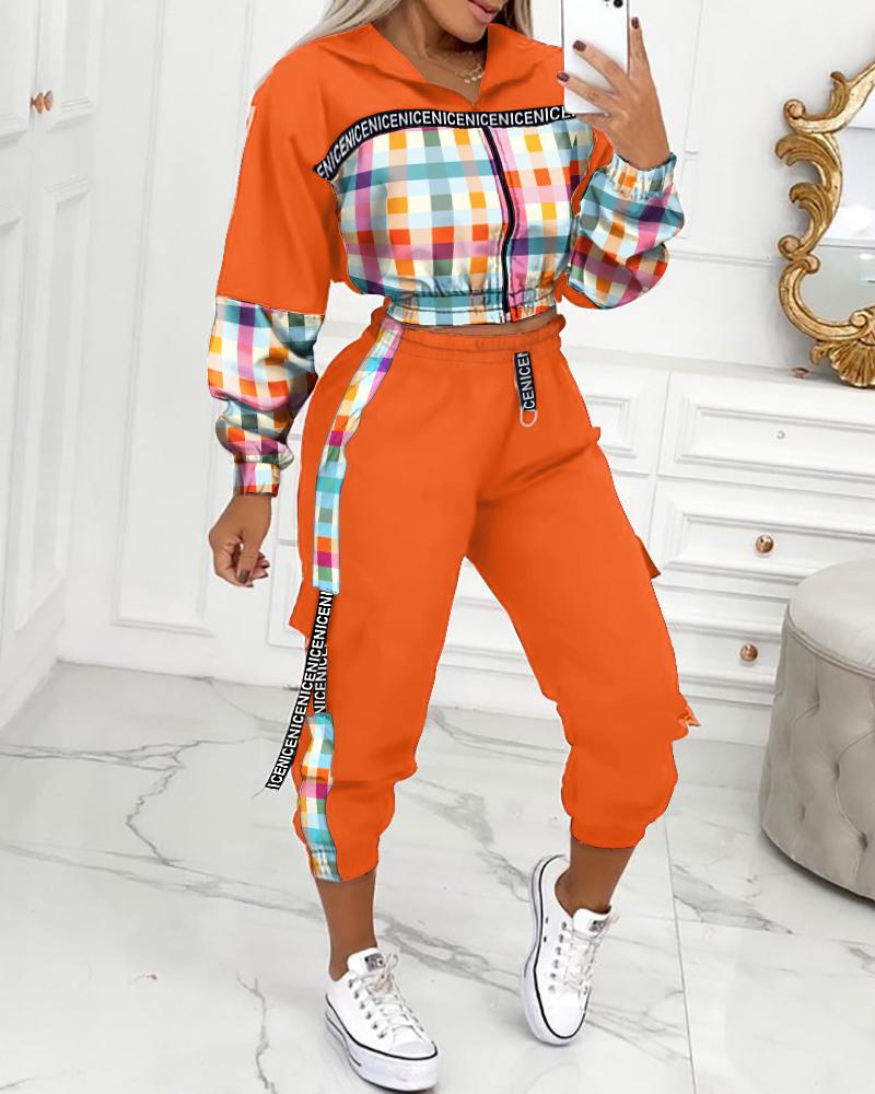 

Plaid Print Colorblock Tape Zip Front Hooded Coat & Cargo Pants Set, Multicolor