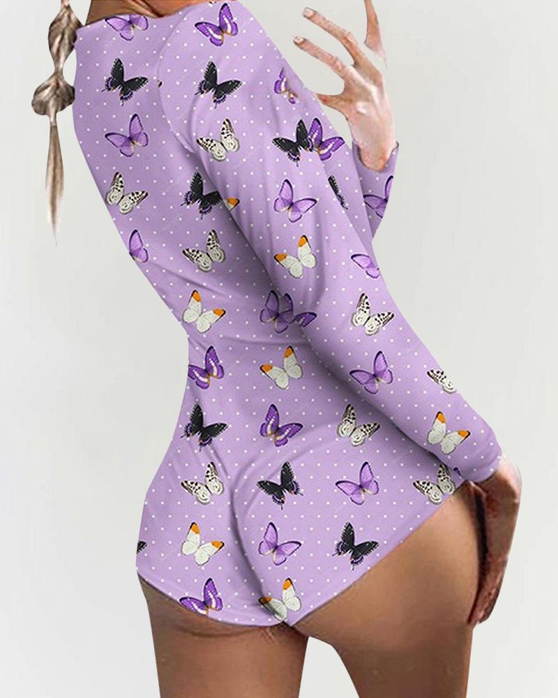 

Multicolor Butterfly Print Long Sleeve Skinny Rompers, Purple