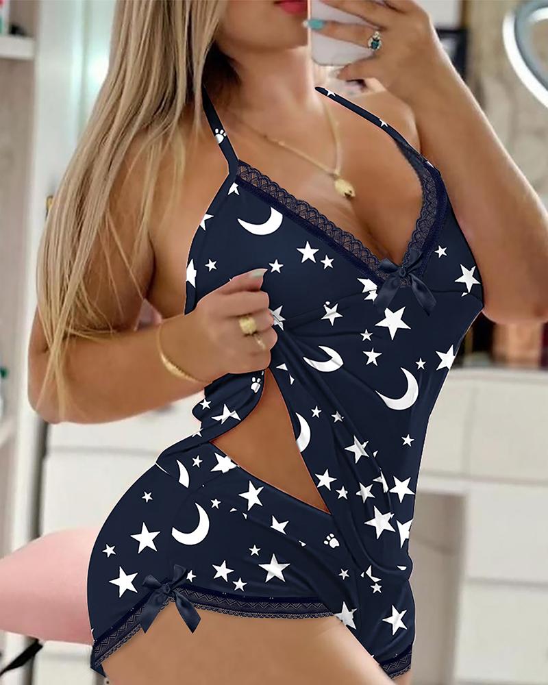 

Star Print Contrast Lace Bowknot Decor Cami Set, Purplish blue