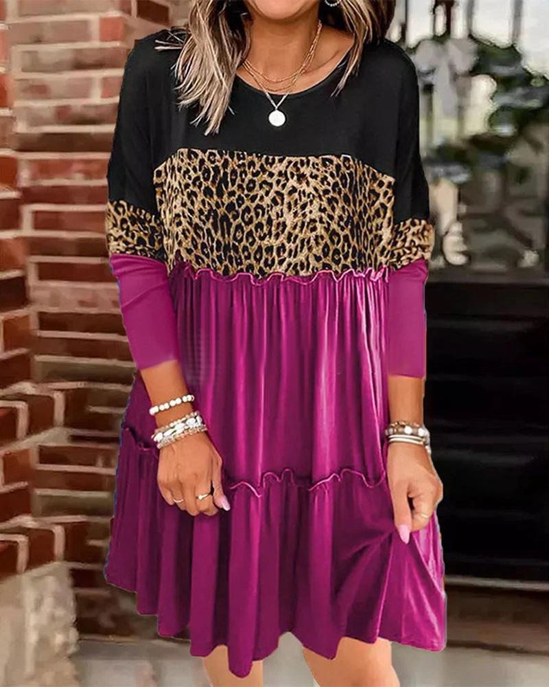 

Contrast Leopard Colorblock Ruffle Hem Long Sleeve Dress, Purple