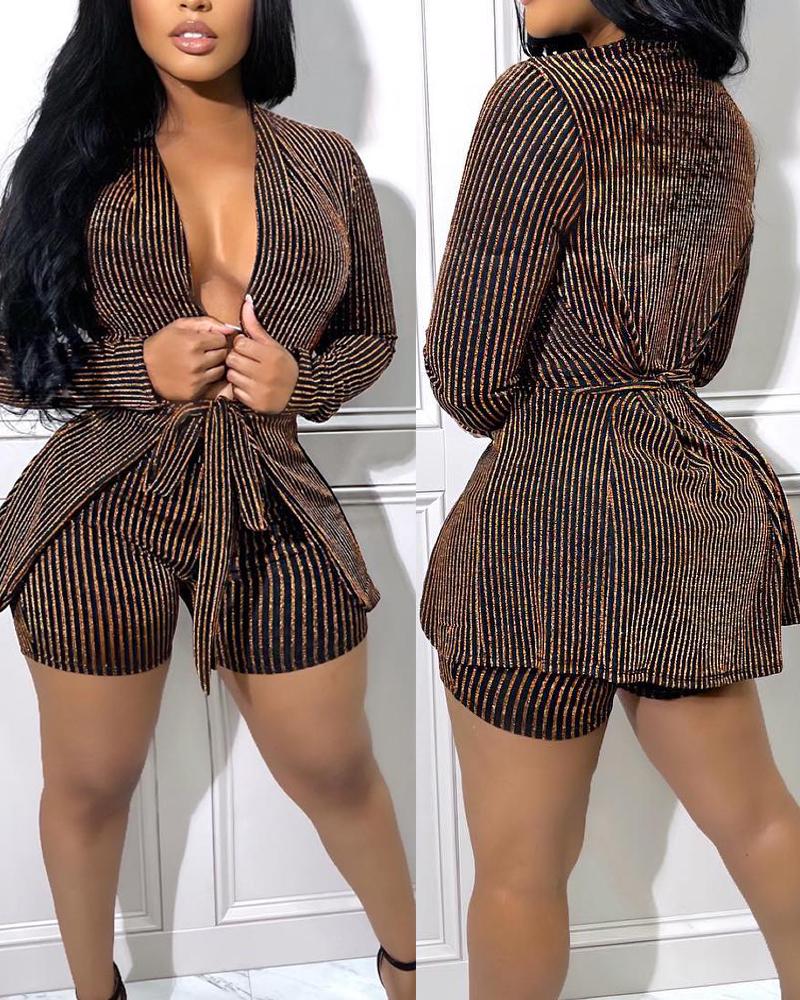 

Striped Long Sleeve Belted Coat & Shorts Set, Brown