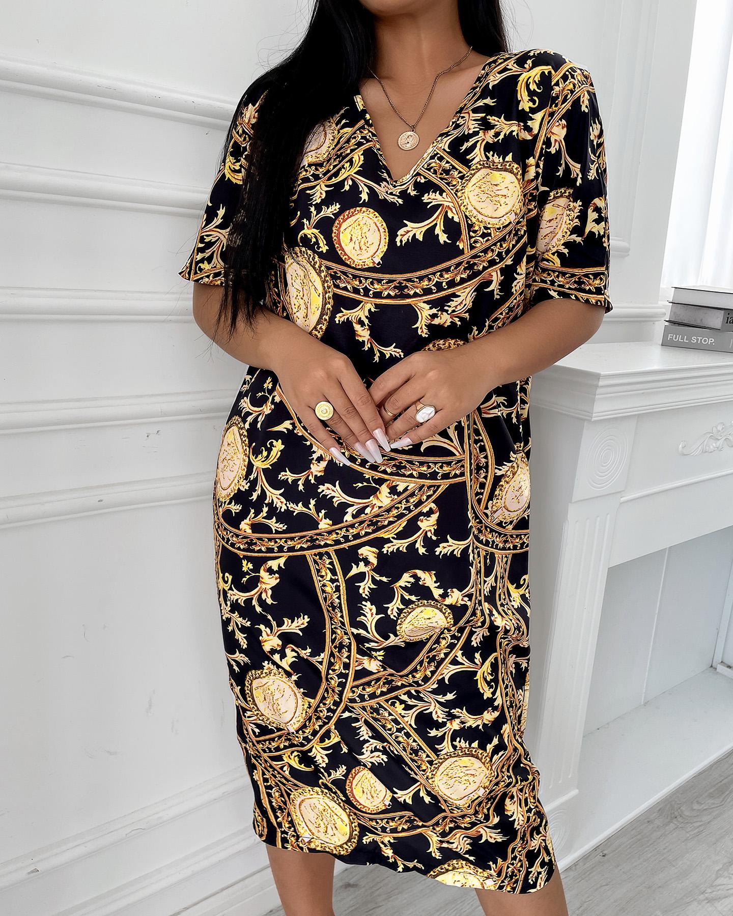 

Baroque All Over Print V-Neck Casual Dress, Multicolor