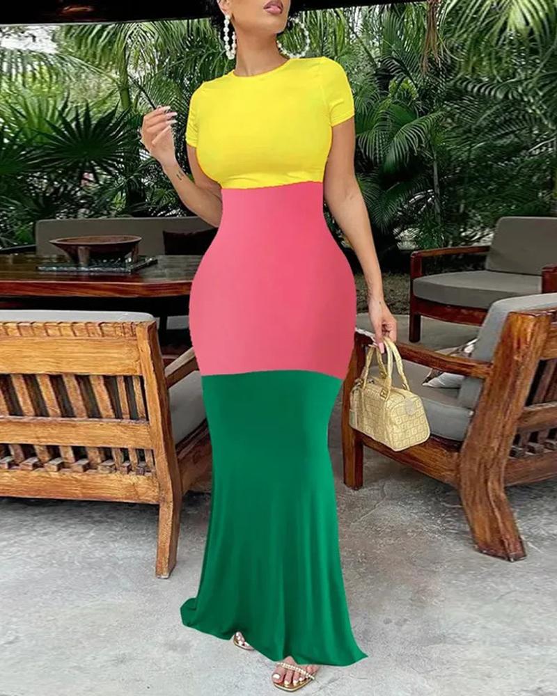 

Colorblock Short Sleeve Mermaid Dress, Green