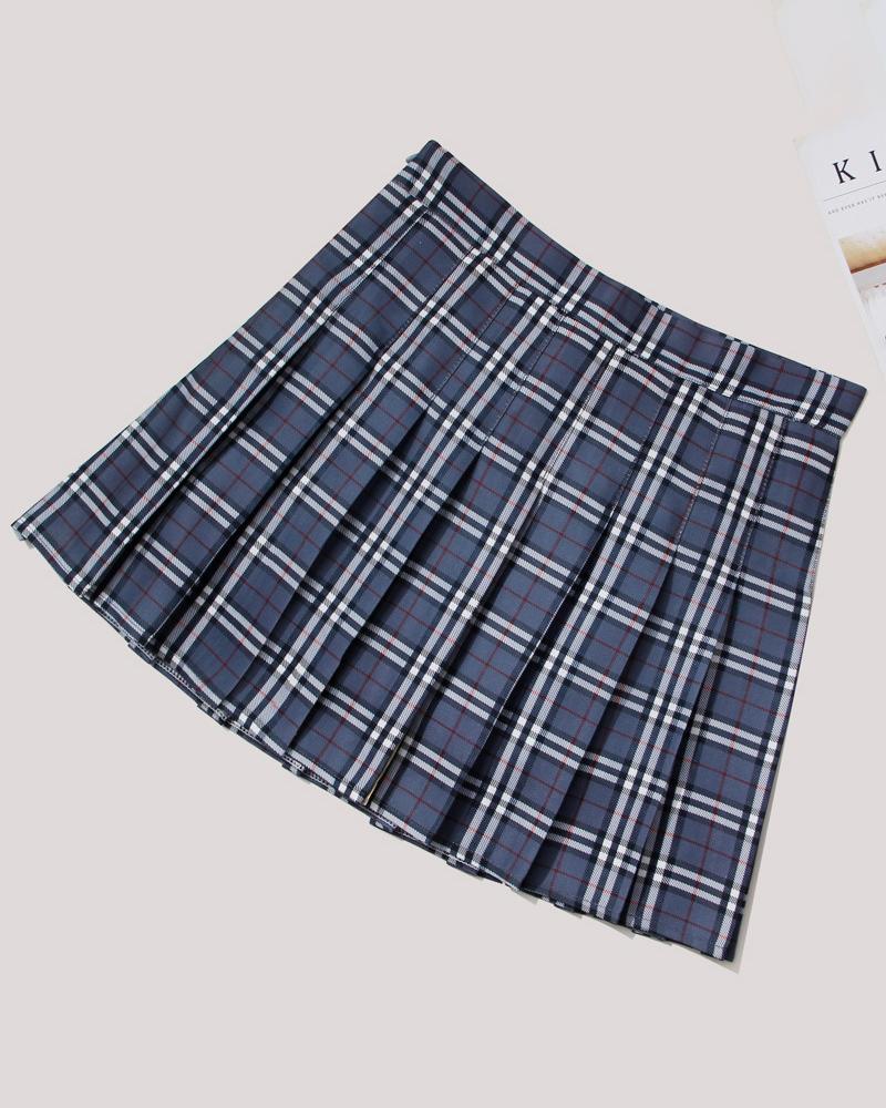 

High Waist Plaid Print Pleated Skirt, Style3