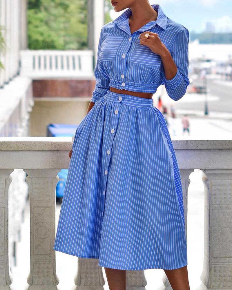 

Striped Print Button Front Shirt & Midi Skirt Set, Blue