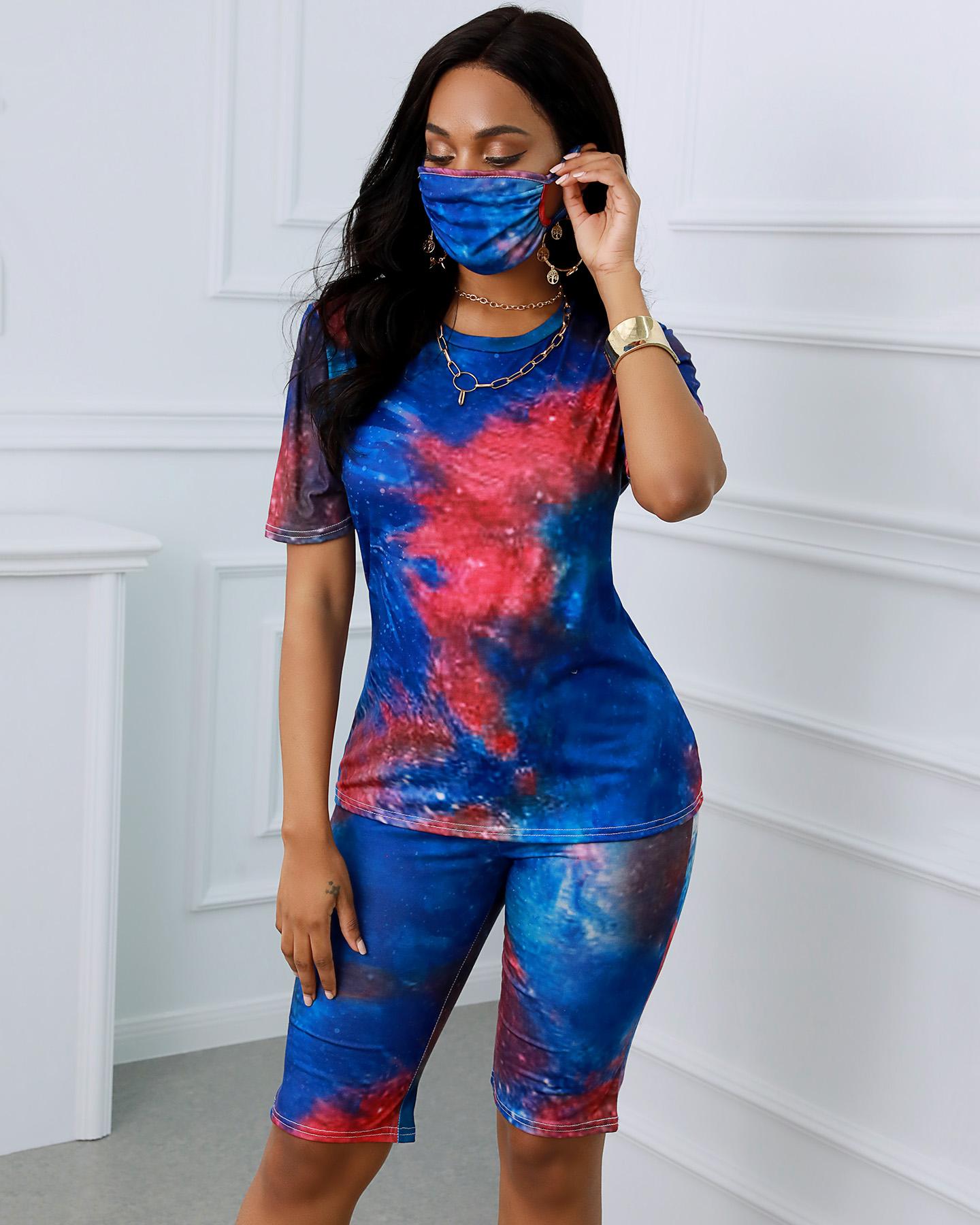 

Tie Dye Print Casual Top With Face Bandana & Shorts Set, Blue