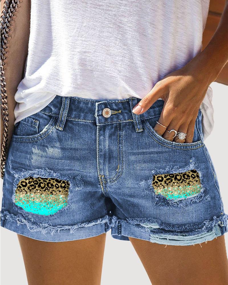 

Contrast Leopard Print Raw Hem Patchwork Denim Shorts, Blue
