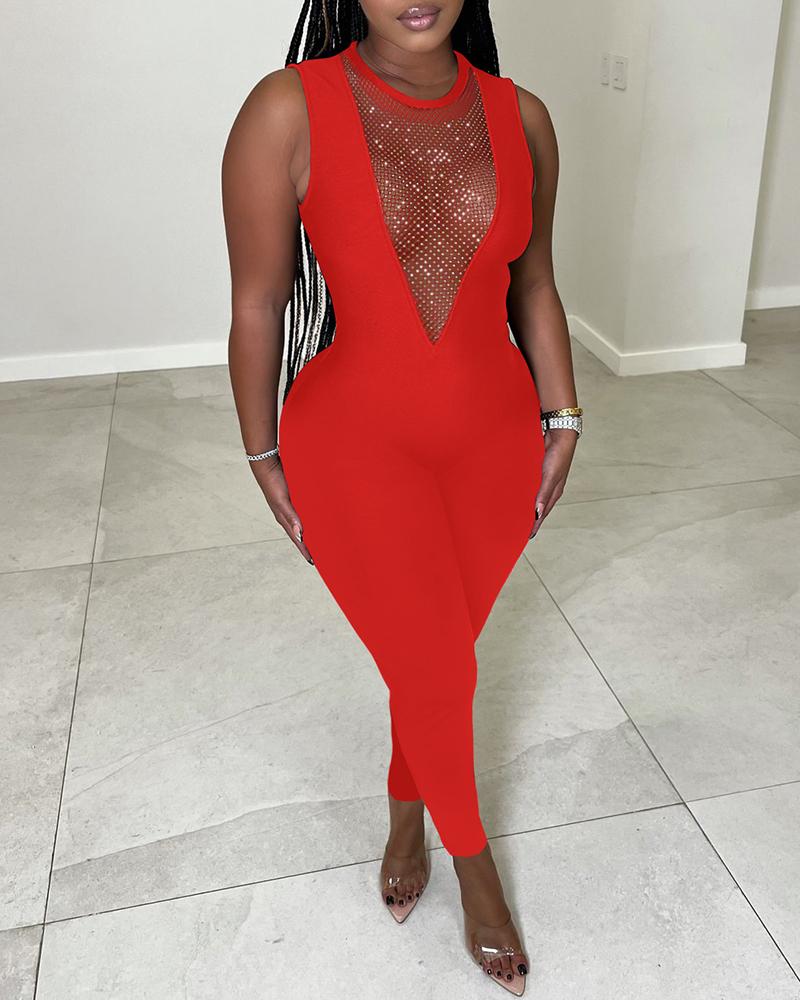 

Rhinestone Decor Hollow Out Sleeveless Jumpsuit, Red
