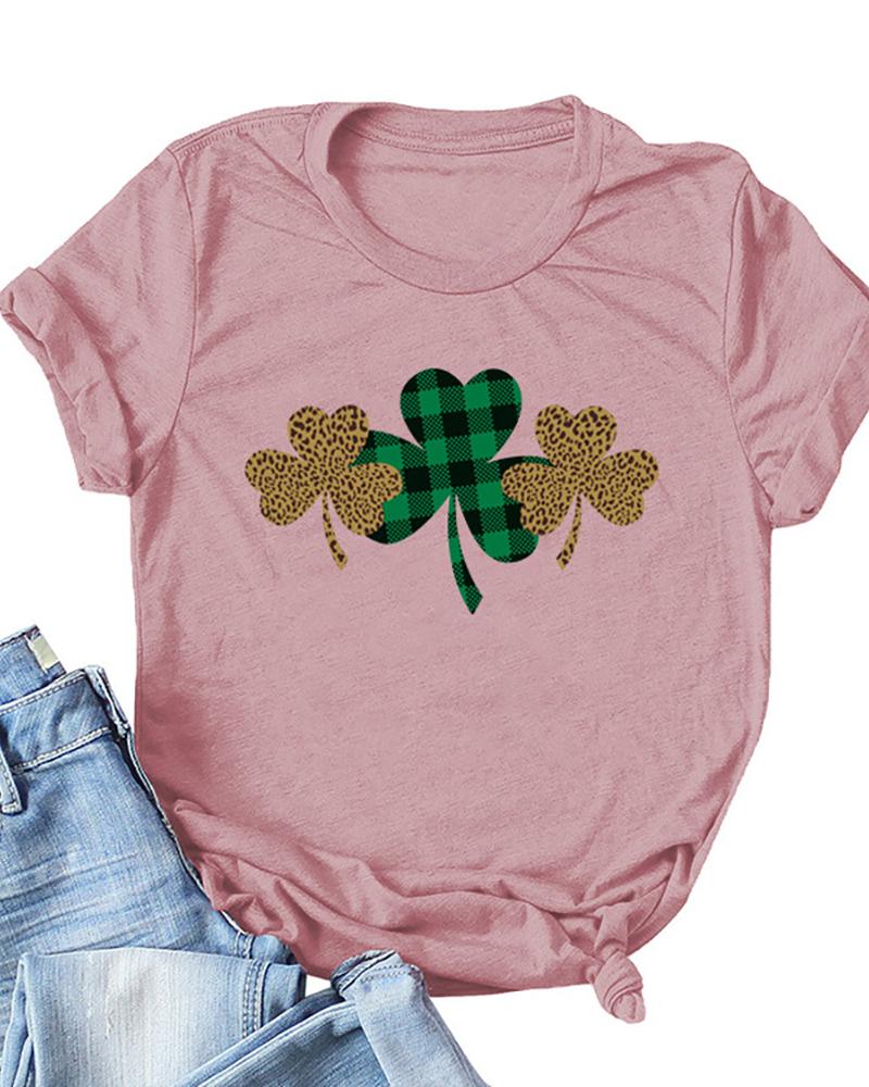 

St.Patrick' Day Clover Print Round Neck T-Shirt, Pink