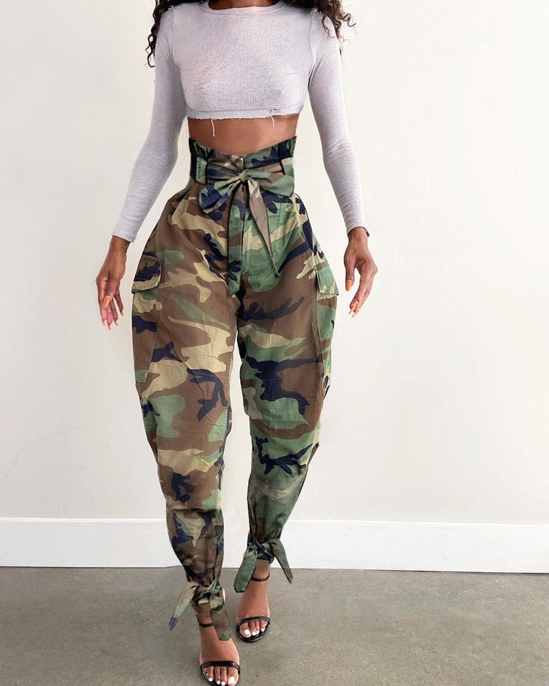 

Camouflage Print High Waist Suspender Bowknot Cargo Pants, Multicolor