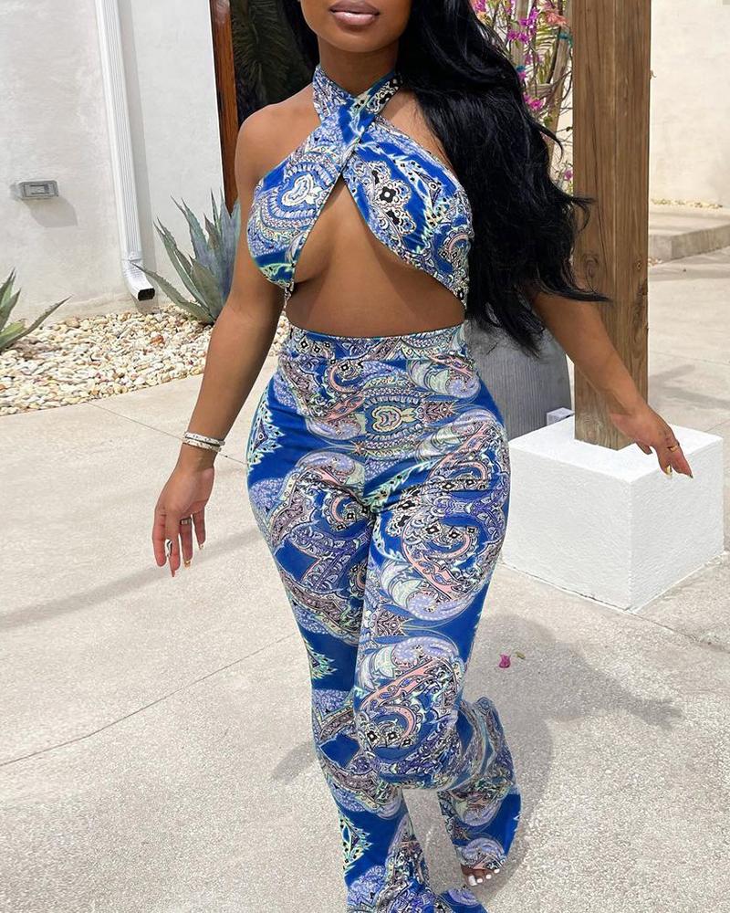 

Paisley Print Halter Wide Leg Jumpsuit, Blue