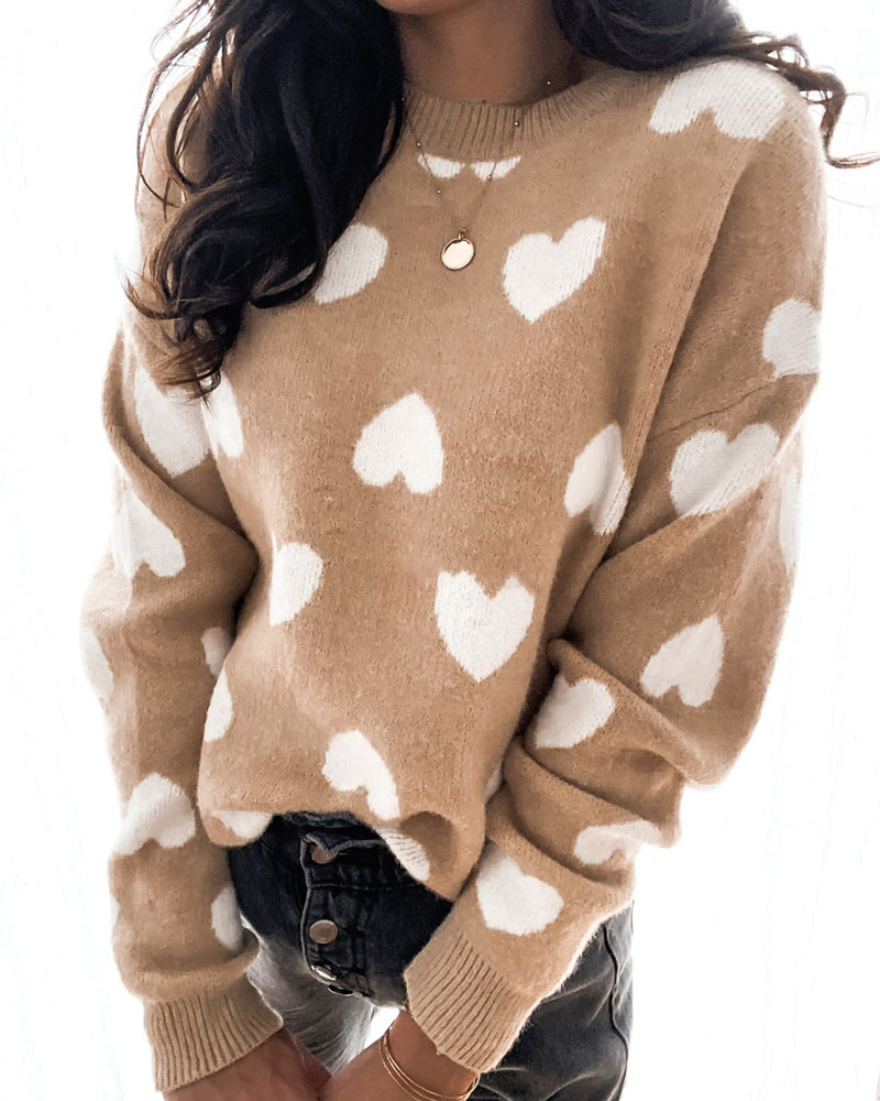 

Valentine's Day Heart Print Long Sleeve Sweater, Khaki