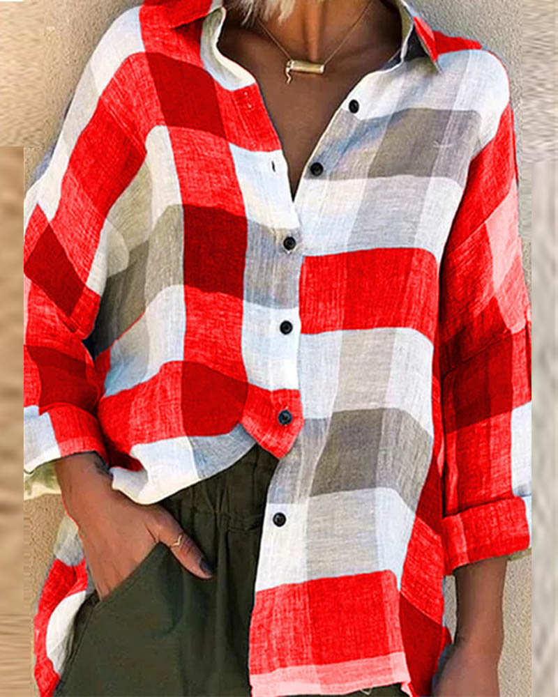 

Plus Size Plaid Print Long Sleeve Button Down Shirt, Red