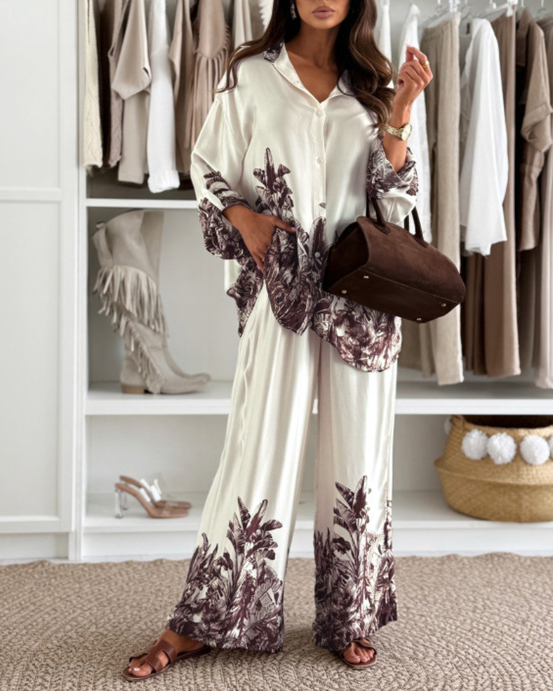 

Conjunto de 2 piezas con estampado tropical, cuello vuelto, botones delanteros, mangas vueltas y pantalones anchos con cintura elástica, conjunto informal de satén para vacaciones., Brown