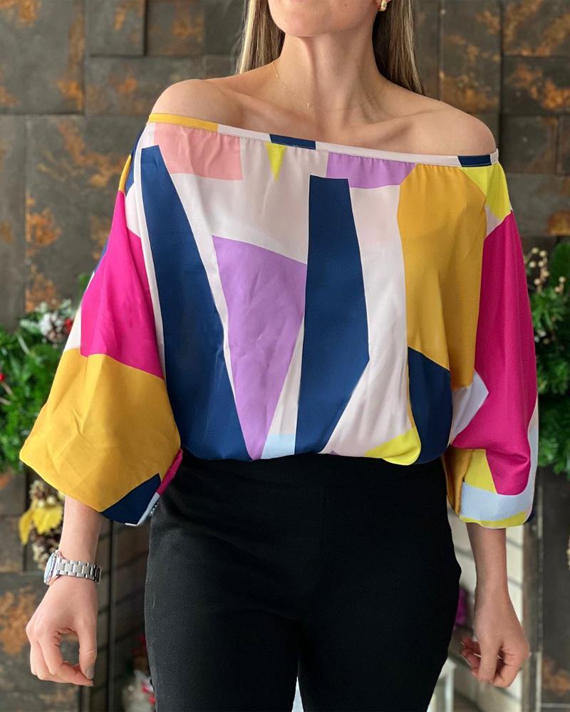 

Geometric Print Off Shoulder Top, Multicolor