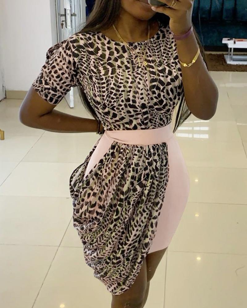 

Cheetah Print Ruched Colorblock Bodycon Dress, Leopard
