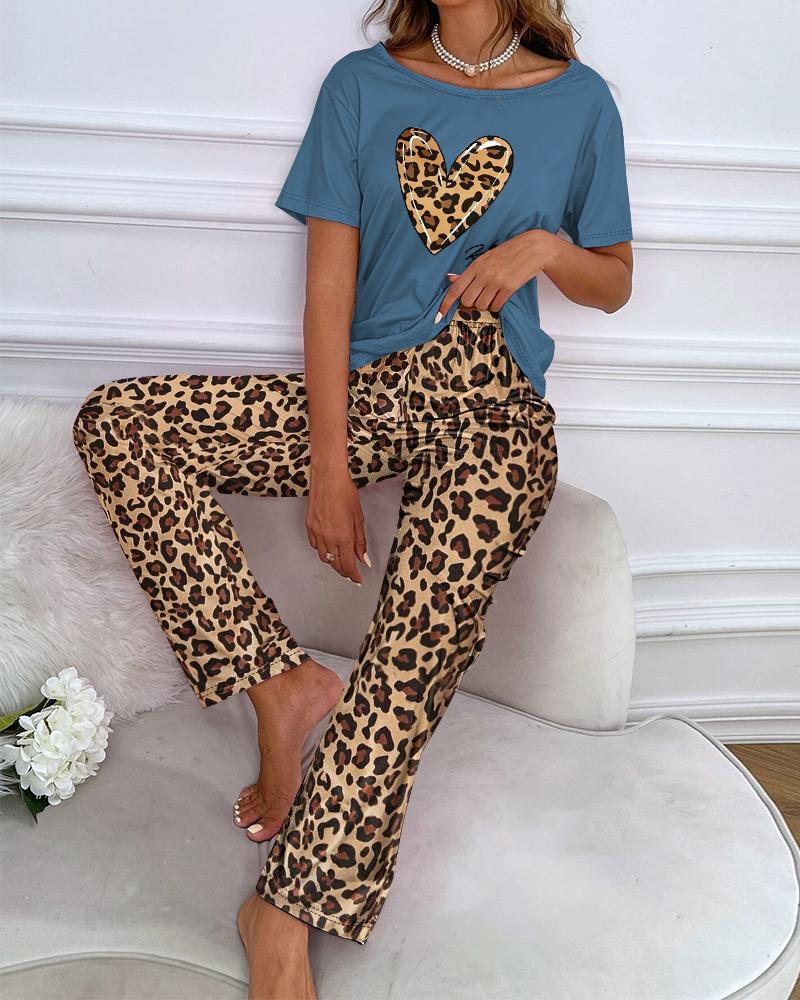 

Heart Letter Leopard Print Round Neck Pajamas Set, Blue