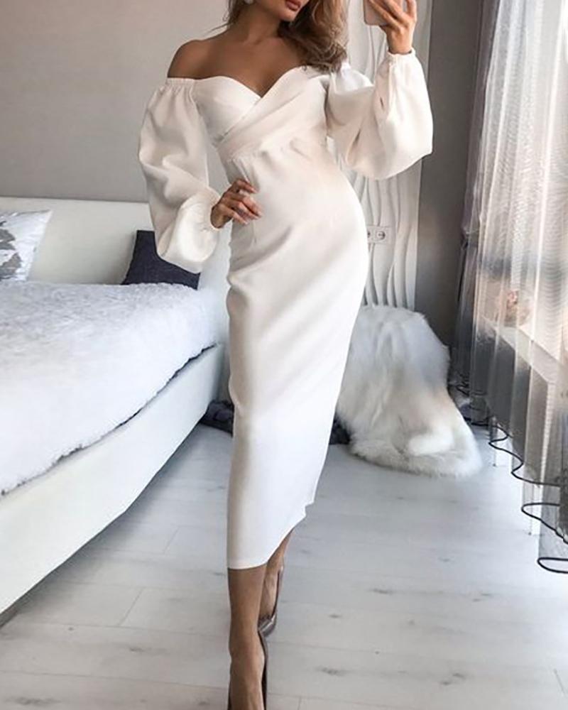 

Off Shoulder Lantern Sleeve Work Dress, White