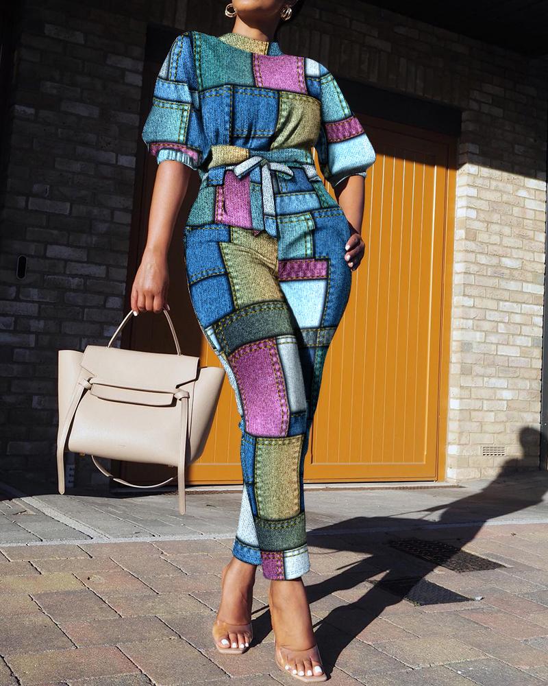 

Denim Look Print Tied Detail Jumpsuit, Multicolor